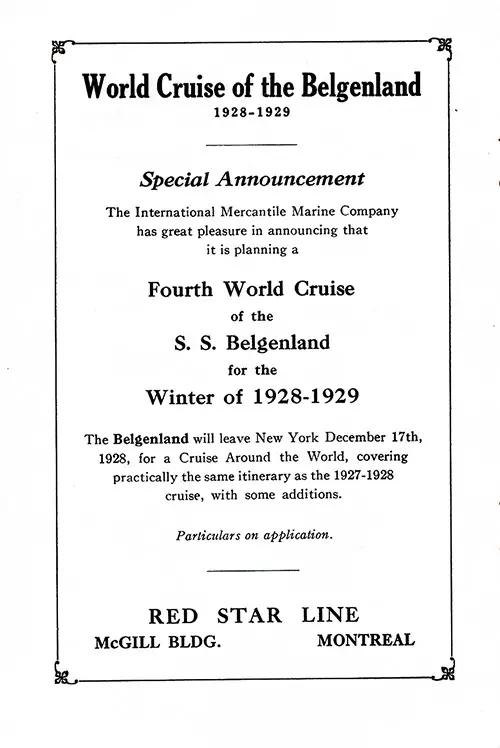 Advertisement: Fourth World Cruise of the SS Belgenland for the Winter of 1928-1929.