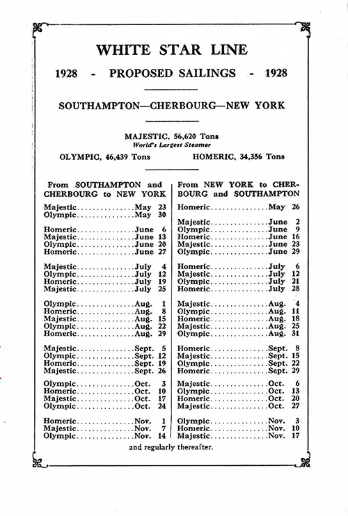 Sailing Schedule, Southampton-Cherbourg-New York, from 23 May 1928 to 17 November 1928.