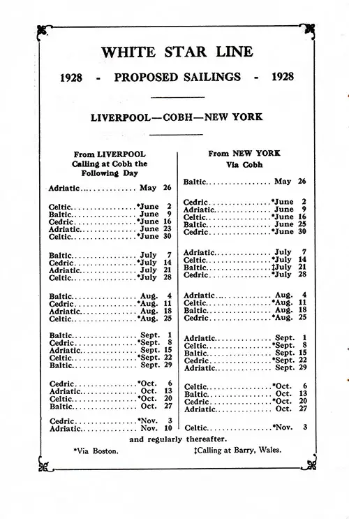 Sailing Schedule, Liverpool-Cobh-New York, from 26 May 1928 to 10 November 1928.