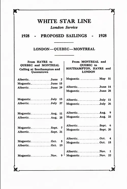 Sailing Schedule, London-Quebec-Montreal, from 31 May 1928 to 22 November 1928.