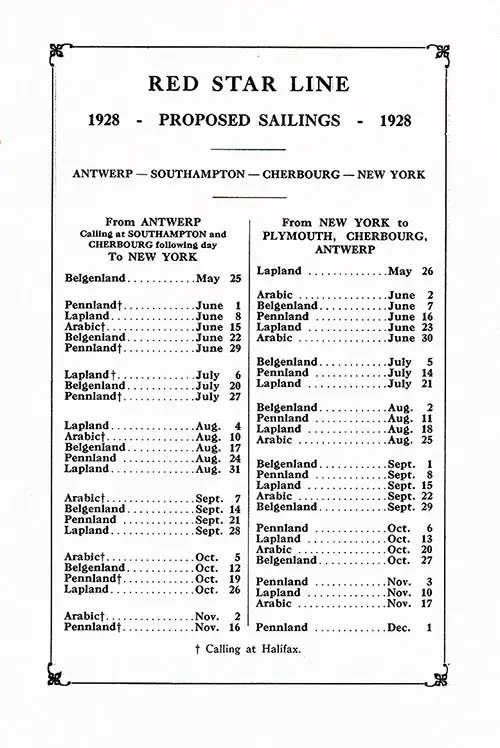 Sailing Schedule, Antwerp-Southampton-Cherbourg-New York, from 25 May 1928 to 1 December 1928.
