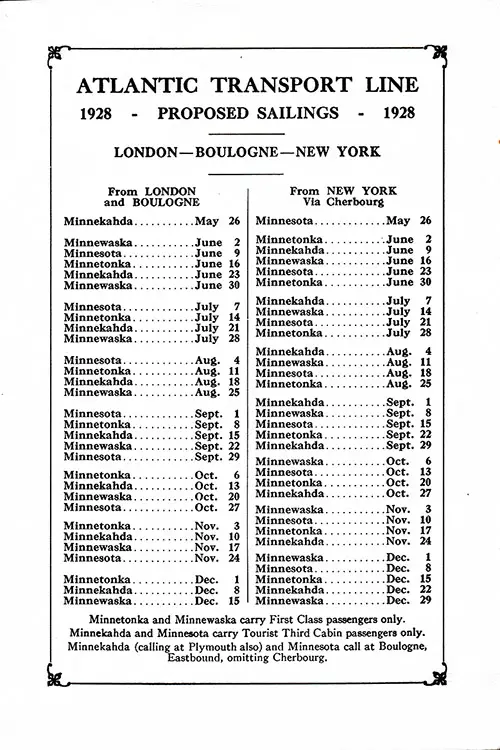 Sailing Schedule, London-Boulogne-New York, from 26 May 1928 to 29 December 1928.