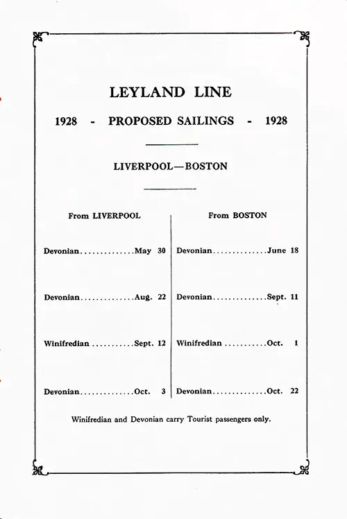 Sailing Schedule, Liverpool-Boston, from 30 May 1928 to 22 October 1928.