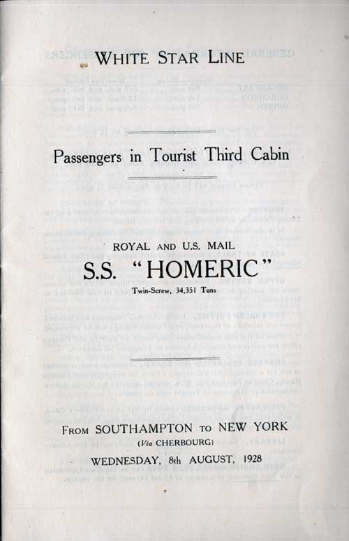 Title Page, RMS Homeric Tourist Third Cabin Passenger List, 8 August 1928.