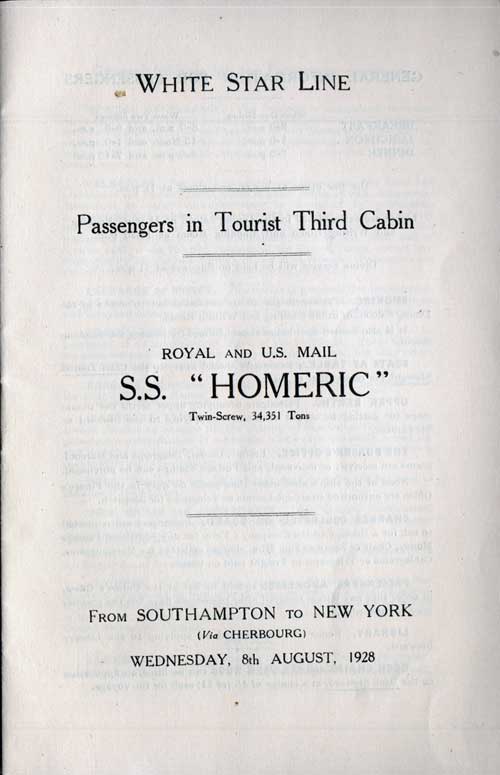 Title Page, RMS Homeric Tourist Third Cabin Passenger List, 8 August 1928.