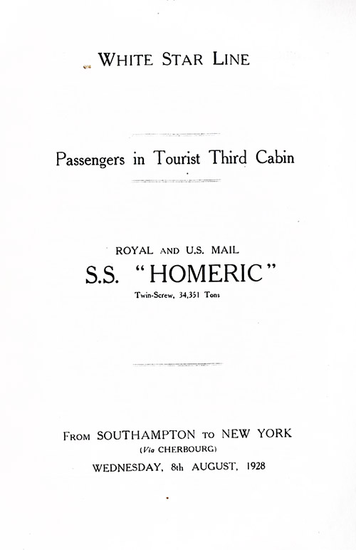 Title Page, RMS Homeric Tourist Third Cabin Passenger List, 8 August 1928.
