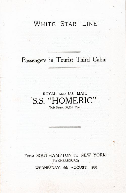 Title Page, RMS Homeric Tourist Third Cabin Passenger List, 6 August 1930.