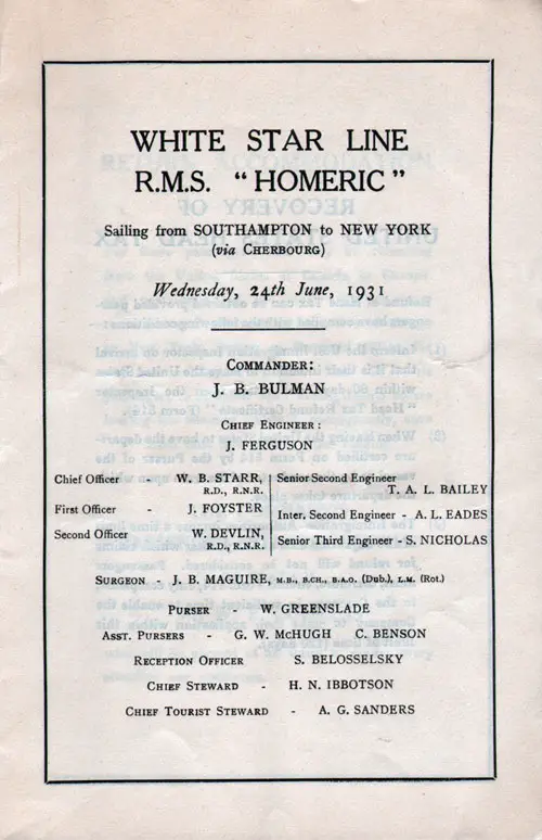 Title Page, RMS Homeric Tourist Third Cabin Passenger List, 24 June 1931.