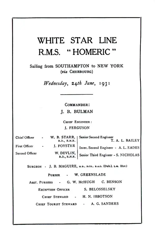 Title Page Including Senior Officers and Staff, RMS Homeric Tourist Third Cabin Passenger List, 24 June 1931.