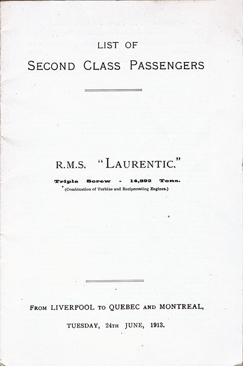 Title Page, RMS Laurentic Second Class Passenger List, 24 June 1913.