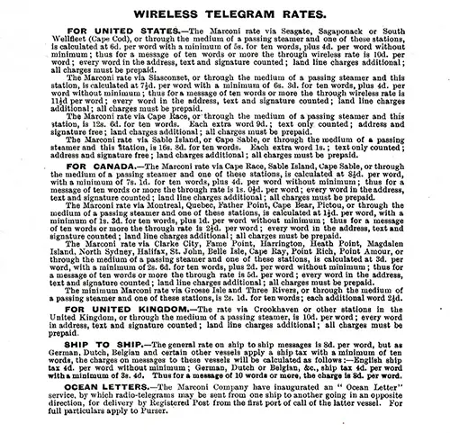 Wireless Telegram Rates For the United States, Canada, United Kingdom, Ship to Ship, and Ocean Letters.
