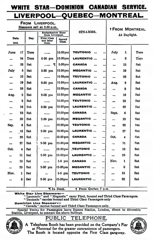 White Star-Dominion Canadian Service Sailing Schedule, Liverpool-Quebec-Montreal, from 17 June 1913 to 22 November 1913.