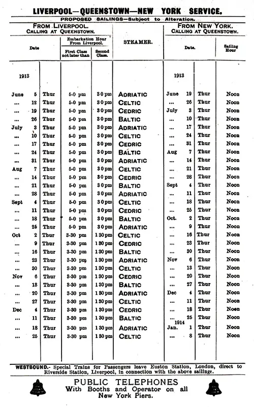 Sailing Schedule, Liverpool-Queenstown (Cobh)-New York Service, from 5 June 1913 to 8 January 1914.
