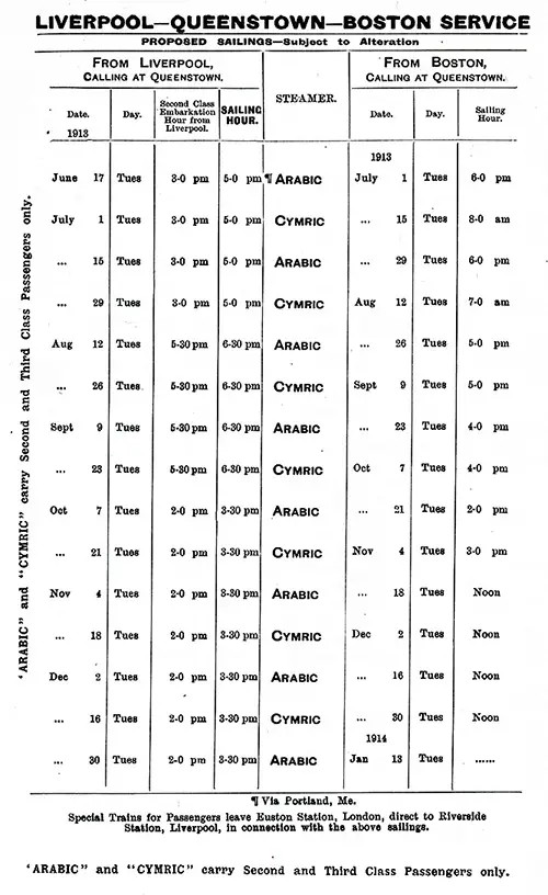 Sailing Schedule, Liverpool-Queenstown-Boston Service, from 17 June 1913 to 13 January 1914.
