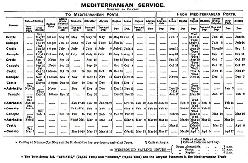 Sailing Schedule, Between New York-Boston-Mediterranean Ports, 17 May 1913 to 12 April 1914.