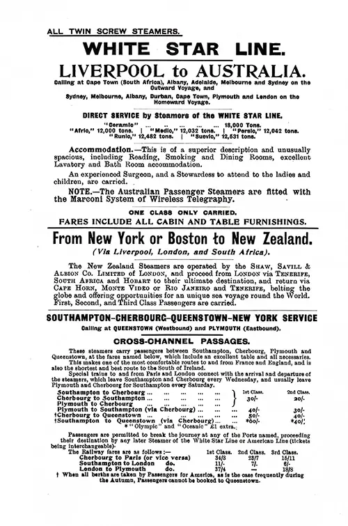 White Star Line Services, Liverpool to Australia, New York or Boston to New Zealand, Southampton-Cherbourg-Queenstown (Cobh)-New York, and Cross-Channel Services, 1913.