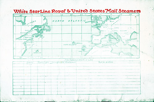 Track Chart and Memorandum of Log (Both Unused). RMS Laurentic Second Class Passenger List, 24 June 1913.