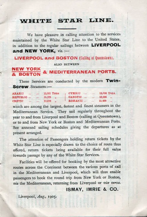 White Star Line Services to the United States, August 1905.