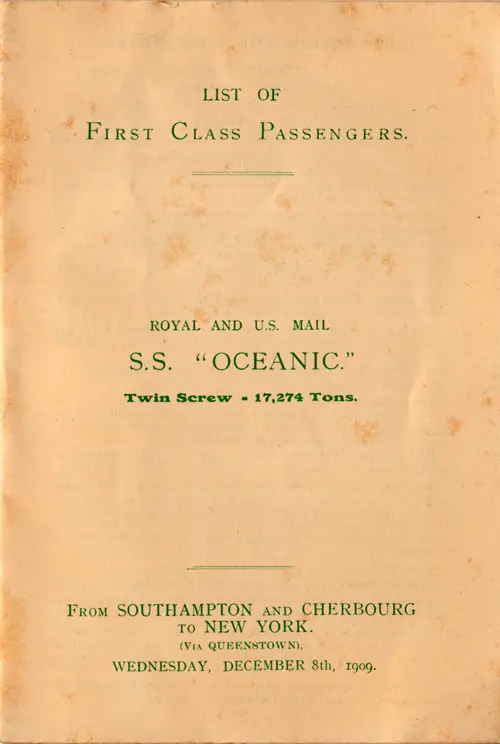 Title Page, RMS Oceanic First Class Passenger List, 8 December 1909.