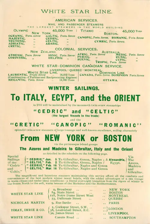 White Star Line Fleet List, American, Colonial, and White Star-Dominion Canadian Services, 1909.