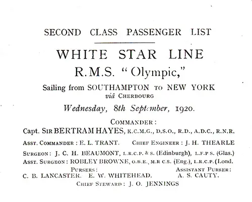 Senior Officers and Staff on the RMS Olympic for the Voyage of 8 September 1920.