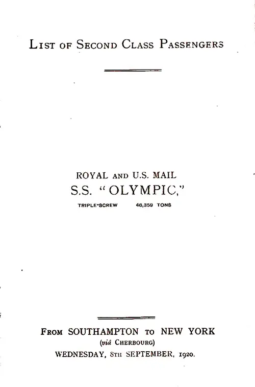 Title Page, RMS Olympic Second Class Passenger List, 8 September 1920.