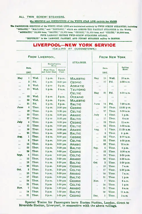 Sailing Schedule, Liverpool-New York Service, from 1 May 1907 to 6 December 1907.