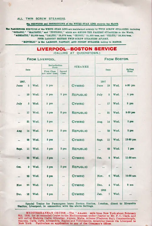 Sailing Schedule, Liverpool-Boston Service via Queenstown (Cobh), from 5 June 1907 to 1 January 1908.