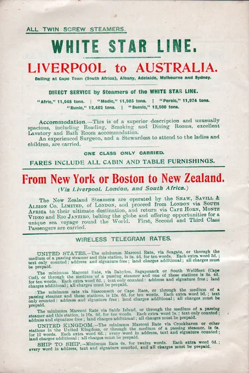White Star Line Liverpool to Australia, New York or Boston to New Zealand Services, and Wireless Telegram Rates for 1907.