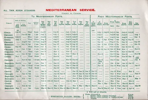 Sailing Schedule, White Star Line Mediterranean Service, from 20 June 1907 to 14 April 1908.