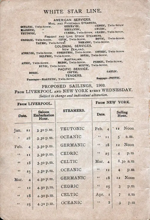 Sailing Schedule, Liverpool-New York, from 21 January 1903 to 8 April 1903.