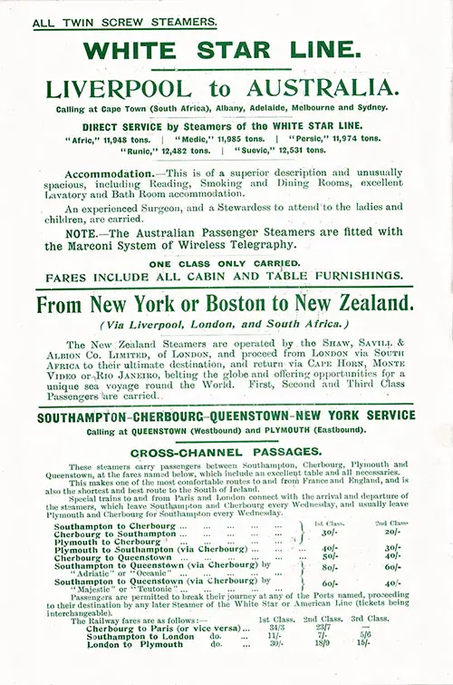 White Star Line Services: Liverpool to Australia, New York or Boston to New Zealand, Southampton-Cherbourg-Queenstown-New York Services, and Cross-Channel Passages and Fares.