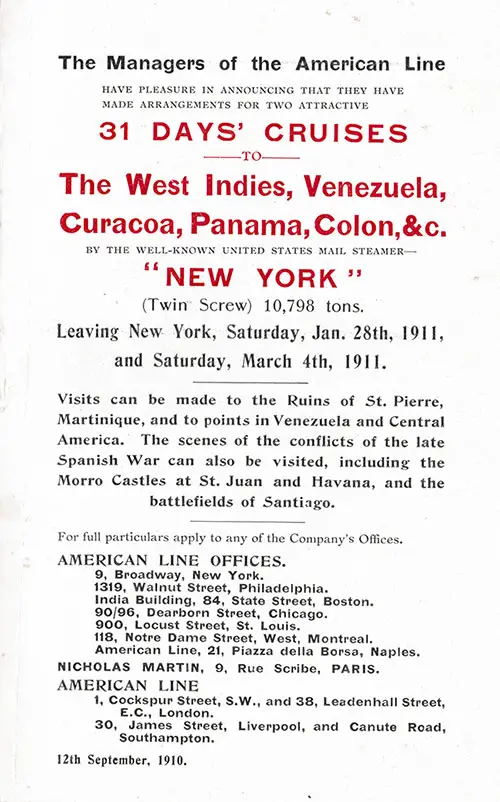 Advertisement for 31 Day, 1911 Cruise on the Ss New York of the American Line.