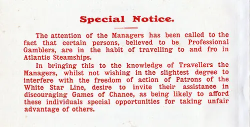 Special Notice Concerning Professional Gamblers Traveling on Transatlantic Steamships, 1910.