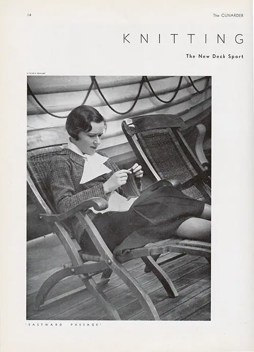 Young Woman Passenger Knits Away While Relaxing on a Deck Chair.