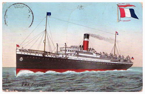 Vintage Postcatd: RMS Corsican; Allan Line to Canada (1911)