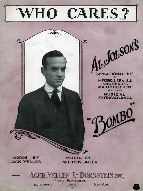 Front Cover of Al Jolson's Who Cares? Sheet Music for Piano