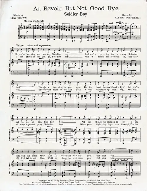 Muisc for Piano, Page 1 of 2,Vintage Sheet Music: Au Revoir, But Not Good Bye, (Soldier Boy) (1917)