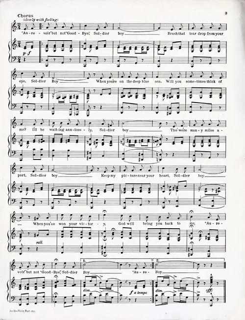 Muisc for Piano, Page 2 of 2, Vintage Sheet Music: Au Revoir, But Not Good Bye, (Soldier Boy) (1917)