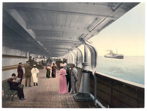 Passengers Walking on the Promenade Deck on the SS Kaiserin Maria Theresia of the Norddeutscher Lloyd, 1890.