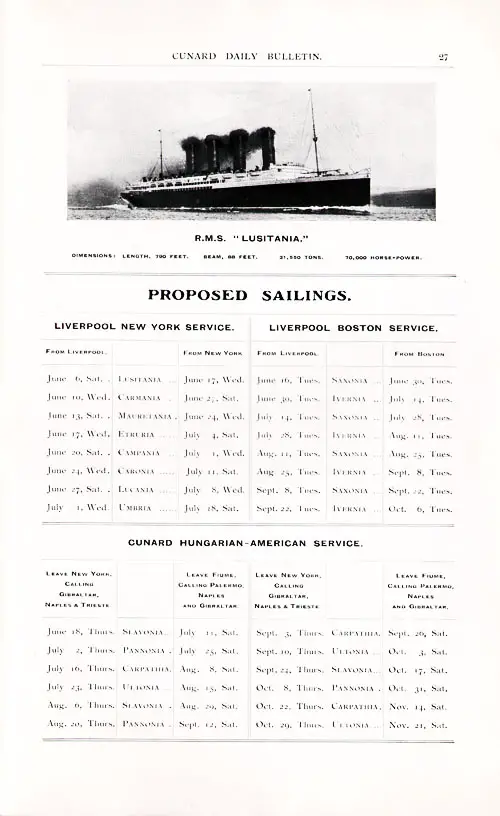 Sailing Schedule, Liverpool-New York, Liverpool-Boston, and Hungarian-American Service, from 6 June 1908 to 21 November 1908.