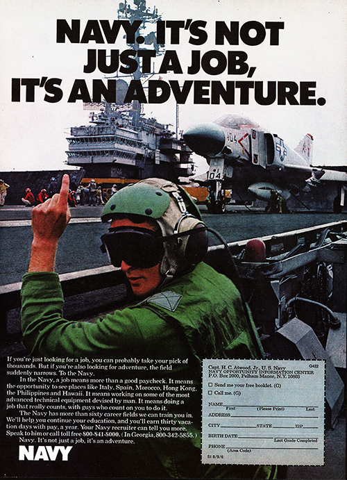1975 US Navy Recruitment Print Advertisement -- Not Just a Job, It's An Adventure.