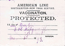 Vaccination - Protected Identification Card - American Line SS City of Berlin - 1893
