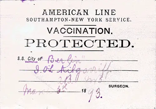 Vaccination - Protected Identification Card - American Line SS City of Berlin - 1893