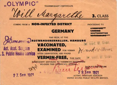 Transmigrant Certificate, Issued in 1921 to a Third Class Passenger on the White Star Line RMS Olympic.