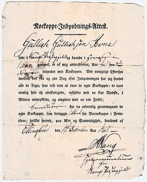 Kokoppe Indpodnings Attest - Cowpox Vaccination Certificate - 1821 