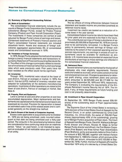 Page 1 (32) of 8, Bangor Punta Corporation Notes to Consolidated Financial Statements for Fiscal Years Ended 30 September 1976 and 1975.