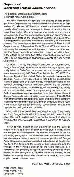 Report of Certified Public Accountants Peat, Marwick, Mitchell & Co., Provided to the Bangor Punta Corporation, Pertaining to their Fiscal Year 1976 Financial Statements.