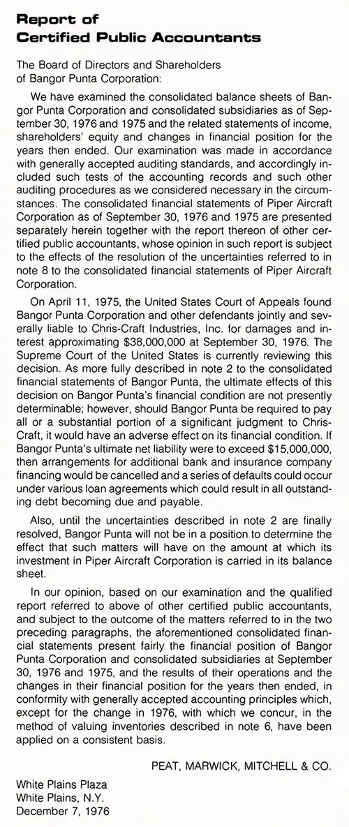 Report of Certified Public Accountants Peat, Marwick, Mitchell & Co., Provided to the Bangor Punta Corporation, Pertaining to their Fiscal Year 1976 Financial Statements.
