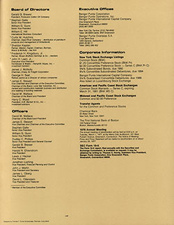 Listing of the Bangor Punta Board of Directors, Officers, Executive Offices, ad Corporate Information from the Inside Back Cover of the 1976 Annual Report.
